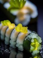 uma fechar-se tiro do Sushi com wasabi. ai gerado imagem. foto