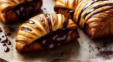 uma de dar água na boca chocolate croissant com uma gostoso cremoso enchimento. ai gerado. foto