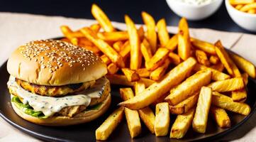 frango queijo hamburguer banhado artisticamente com crocantes dourado francês fritas. ai gerado. foto