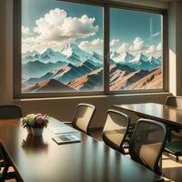 uma conferência quarto com uma ampla janela e uma Visão do a montanhas. ai gerado foto