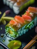 fechar-se tiro do colorida Sushi com wasabi. ai gerado imagem foto