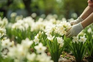 floricultura, com luva fêmea mãos carinhoso para branco flores dentro jardim. fechar-se, lado visualizar, cópia de espaço. generativo ai foto