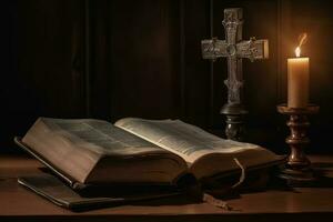 piedosos religioso antigo livro Bíblia, Cruz e queimando vela em de madeira mesa. generativo ai foto