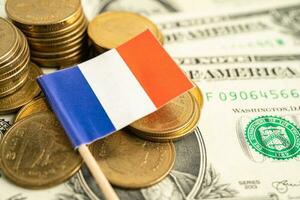 pilha do moedas com França bandeira e nos dólar notas. foto