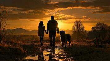 caminhando dentro natureza com uma cachorro às pôr do sol generativo ai foto