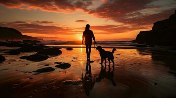 romântico andar com a cachorro às pôr do sol em a oceano generativo ai foto