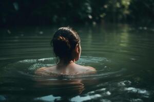 selvagem natação, descansar recuperação, água relaxamento conceito. traseiro Visão do caucasiano morena mulher flutuando dentro lagoa dentro natureza, fechar-se. generativo ai foto