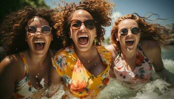 uma feliz jovem pessoas grupos gritando em de praia dentro a água foto