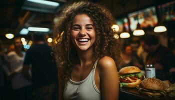 uma mulher desfrutando comendo hamburguer às restaurante foto