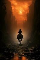 crepúsculo afrodite equitação uma cavalo em a Beira do a abismo dentro texturizado megalixo de bolinhas estilo. ai generativo foto