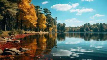 lindo lago com árvores e azul céu ai gerado foto