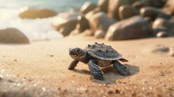 bebê tartaruga em a de praia ai gerado foto