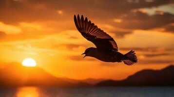 pássaro vôo em pôr do sol céu ai gerado foto