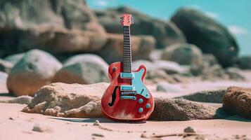 vermelho guitarra em a de praia ai gerado foto