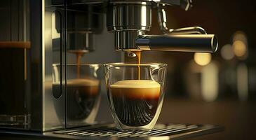 uma profissional café máquina preparando a espresso café dentro uma vidro xícara, ai generativo foto