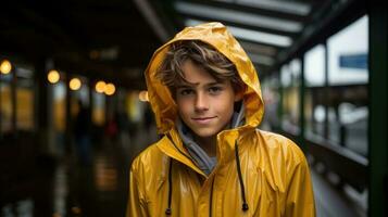 uma bonito Garoto dentro uma amarelo chuva casaco ai gerado foto