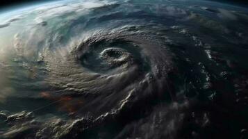 Visão a partir de espaço a partir de acima em uma furacão tornado redemoinho do nuvens e vento, uma tempestade frente do mau clima e natural desastre. ai gerado foto