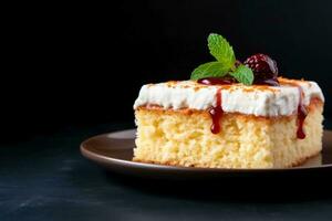 delicioso tres leches bolo Sombrio fundo com esvaziar espaço para texto foto