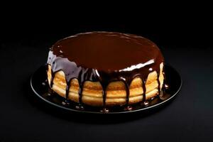 delicioso boston creme torta Sombrio fundo com esvaziar espaço para texto foto