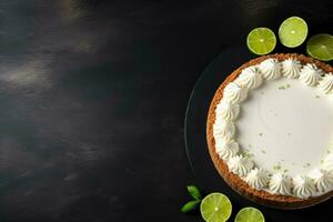 delicioso chave Lima torta Sombrio fundo com esvaziar espaço para texto foto