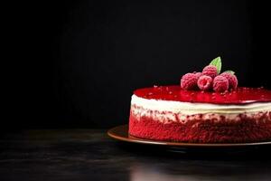 delicioso vermelho veludo bolo Sombrio fundo com esvaziar espaço para texto foto