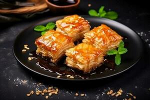 delicioso baklava Sombrio fundo com esvaziar espaço para texto foto