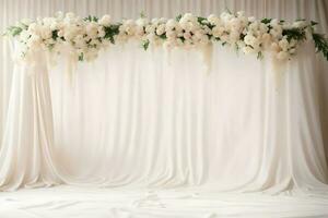 Casamento arco decorado com algodão flores em branco tecido fundo. ai gerado. foto