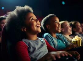 jovem crianças sorridente esperando com Pipoca às cinema foto