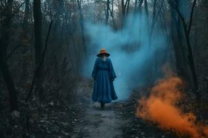 uma mulheres dentro uma Sombrio floresta criada usando generativo ai foto