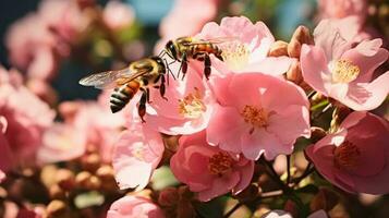 uma enxame do abelhas movimentado por aí uma florescendo rosa jardim fundo com esvaziar espaço para texto foto