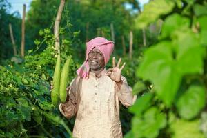 indiano agricultura, agricultor segurando garrafa cabaça, vegetal fresco , feliz agricultor foto