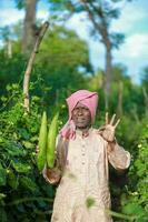 indiano agricultura, agricultor segurando garrafa cabaça, vegetal fresco , feliz agricultor foto