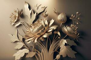 abstrato floral lótus ouro metálico parede arte. generativo ai foto