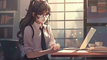 usando óculos menina estudando às uma mesa com a computador portátil foto
