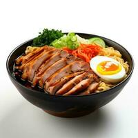 teriyaki ramen dentro Preto tigela lado Visão isolado em branco fundo foto