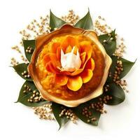 indiano Curry servido dentro a Projeto do uma lótus flor isolado em branco fundo foto