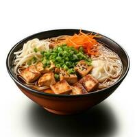 tofu ramen dentro Preto tigela lado Visão isolado em branco fundo foto