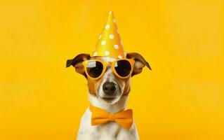 fofa cachorro dentro festa chapéu, laranja arco gravata e oculos de sol sobre amarelo fundo. engraçado animal celebração foto