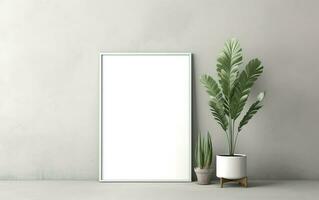 em branco vertical quadro, Armação brincar para obra de arte ou impressão em cinzento parede com verde plantas dentro vaso, cópia de espaço, minimalista Projeto cena, moderno interior brincar foto