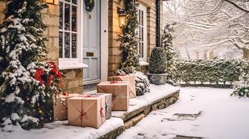 Natal presentes entrega, postal serviço e feriado apresenta conectados compras, embrulhado parcela caixas em uma país casa porta dentro uma nevando inverno, generativo ai foto