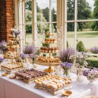 sobremesa bufê mesa, Comida refeições para casamento, festa feriado celebração, lavanda decoração, bolos e sobremesas dentro uma país jardim, generativo ai foto