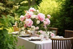 feriado paisagem de mesa, formal jantar mesa contexto, peônia flores mesa escapar com peônias decoração para Casamento festa e evento celebração, generativo ai foto