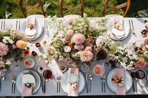 país paisagem de mesa, formal jantar mesa contexto, mesa escapar com morango decoração para Casamento festa e feriado evento celebração, generativo ai foto