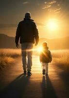 ai gerado cenário do pai e filho caminhando dentro pôr do sol Visão foto