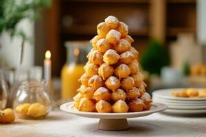 croquembouche dentro a cozinha mesa Comida fotografia ai gerado foto