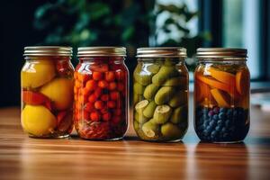 enlatado fruta dentro a cozinha mesa Comida fotografia ai gerado foto