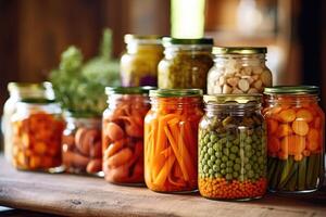 enlatado legumes dentro a cozinha mesa Comida fotografia ai gerado foto