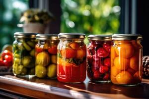 enlatado fruta dentro a cozinha mesa Comida fotografia ai gerado foto