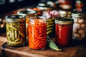 enlatado legumes dentro a cozinha mesa Comida fotografia ai gerado foto