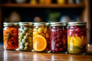 enlatado fruta dentro a cozinha mesa Comida fotografia ai gerado foto